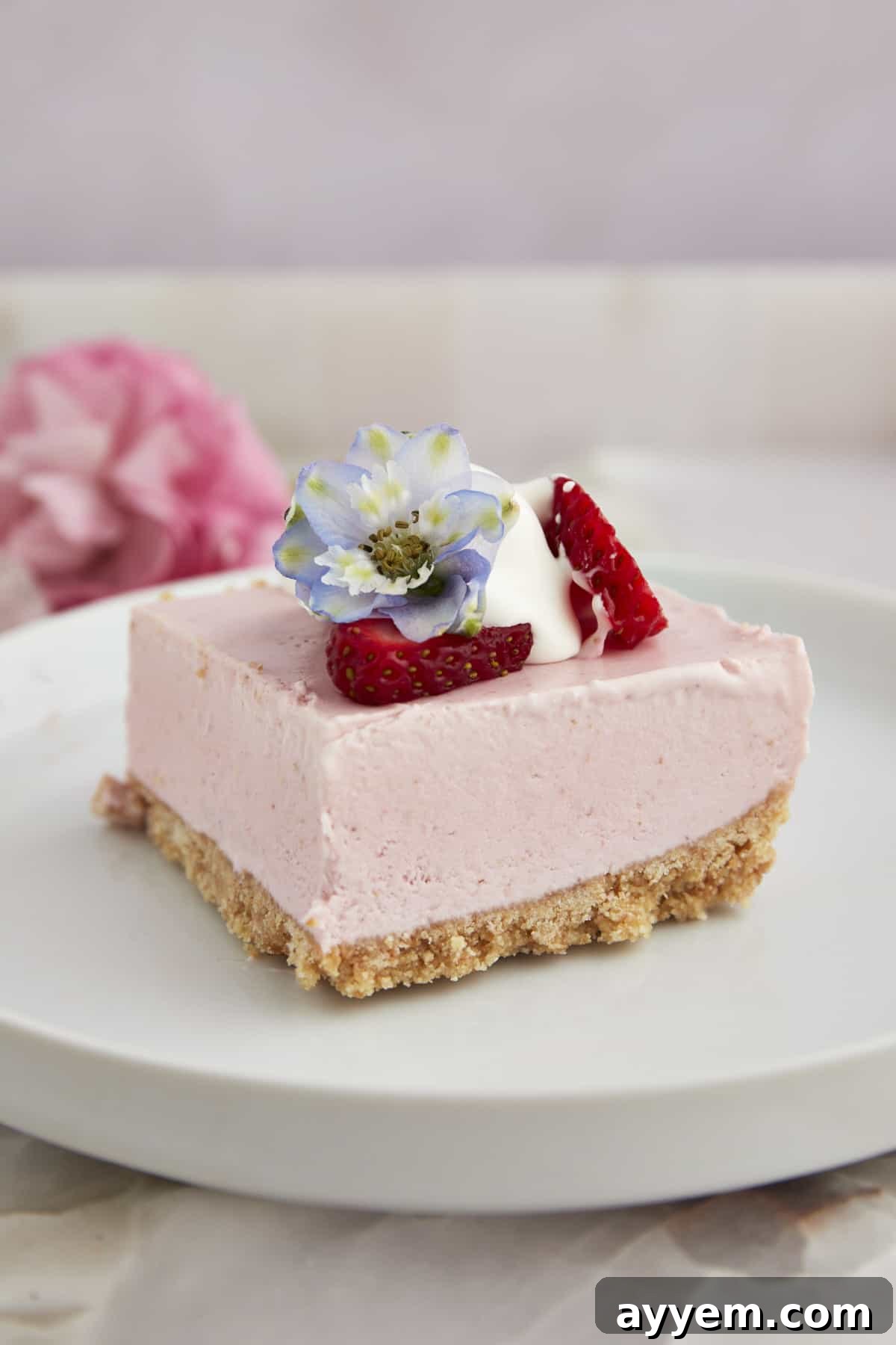 A single no-bake strawberry cheesecake square on a plate, garnished with fresh strawberries and whipped cream.