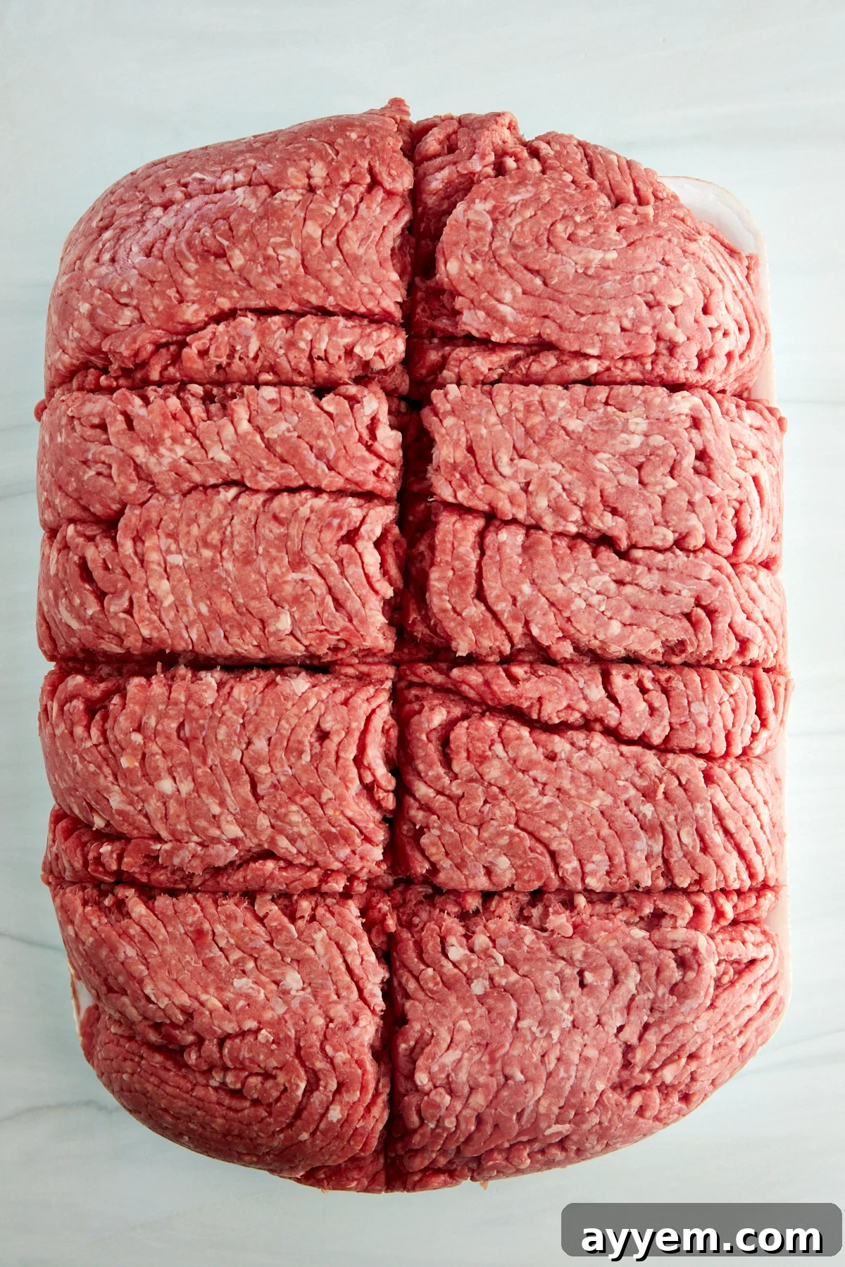 Raw ground beef sectioned into 1 pound portions. 