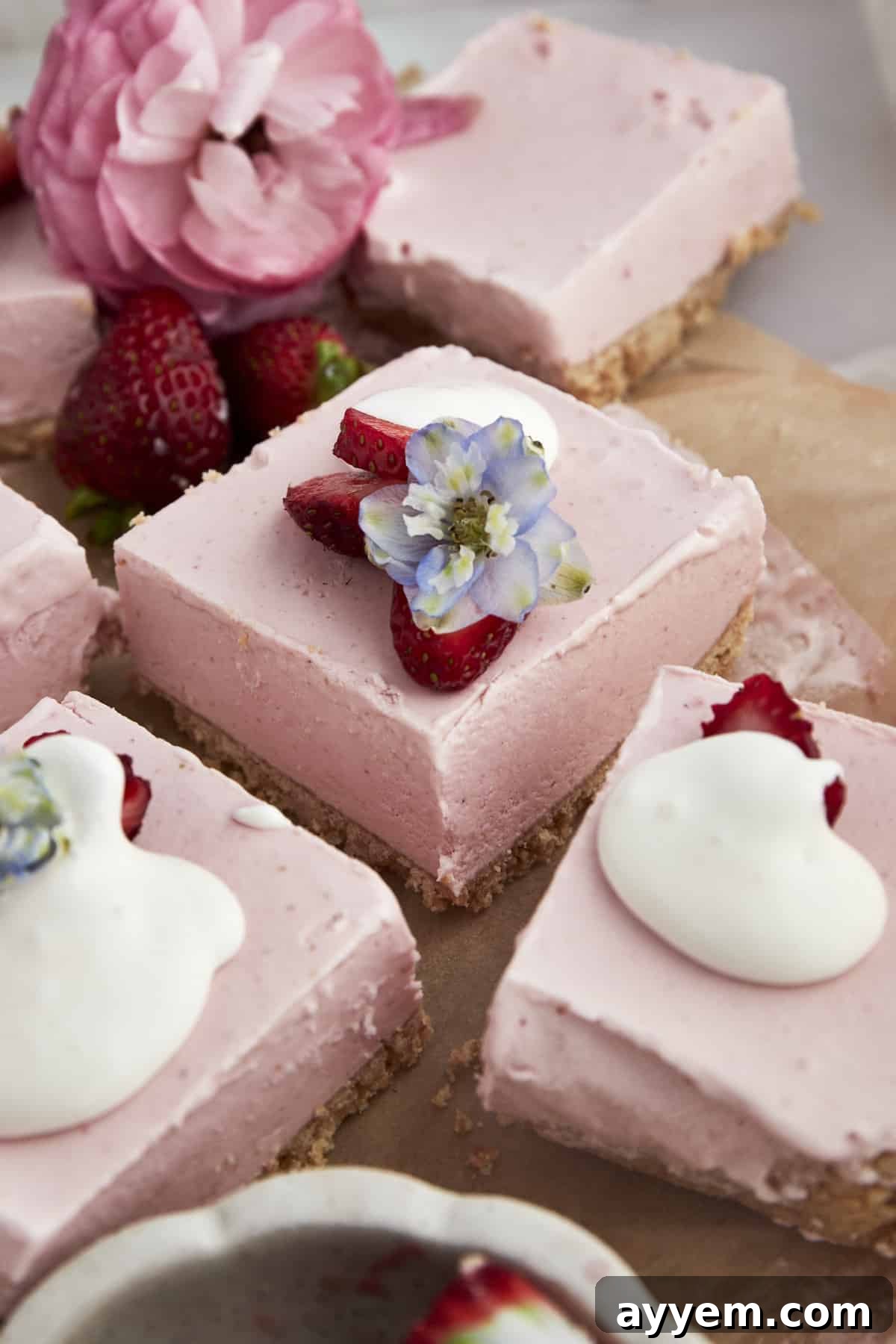 Easter Feast Over 25 Essential Recipes for All Your Celebrations 16 Delicious No-Bake Strawberry Cheesecake Bars, showcasing layers of creamy cheesecake and fresh strawberries, a perfect refreshing dessert for spring.