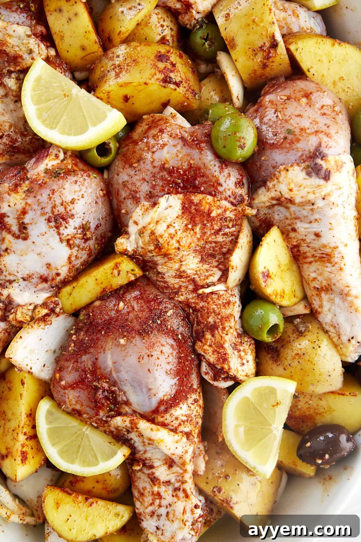 Raw chicken drumsticks with golden potatoes, red and green olives, onions, and garlic coated with seasonings and topped with lemon wedges. 