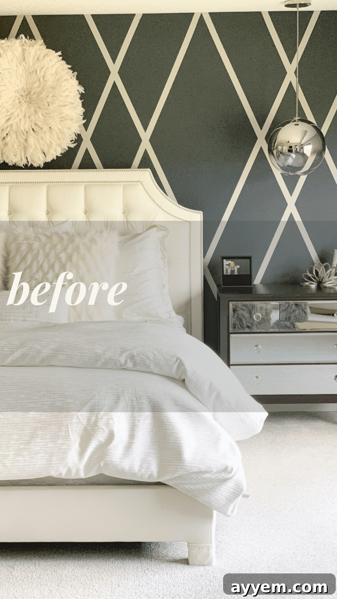 Before image of a plain bedroom wall, awaiting a creative transformation.