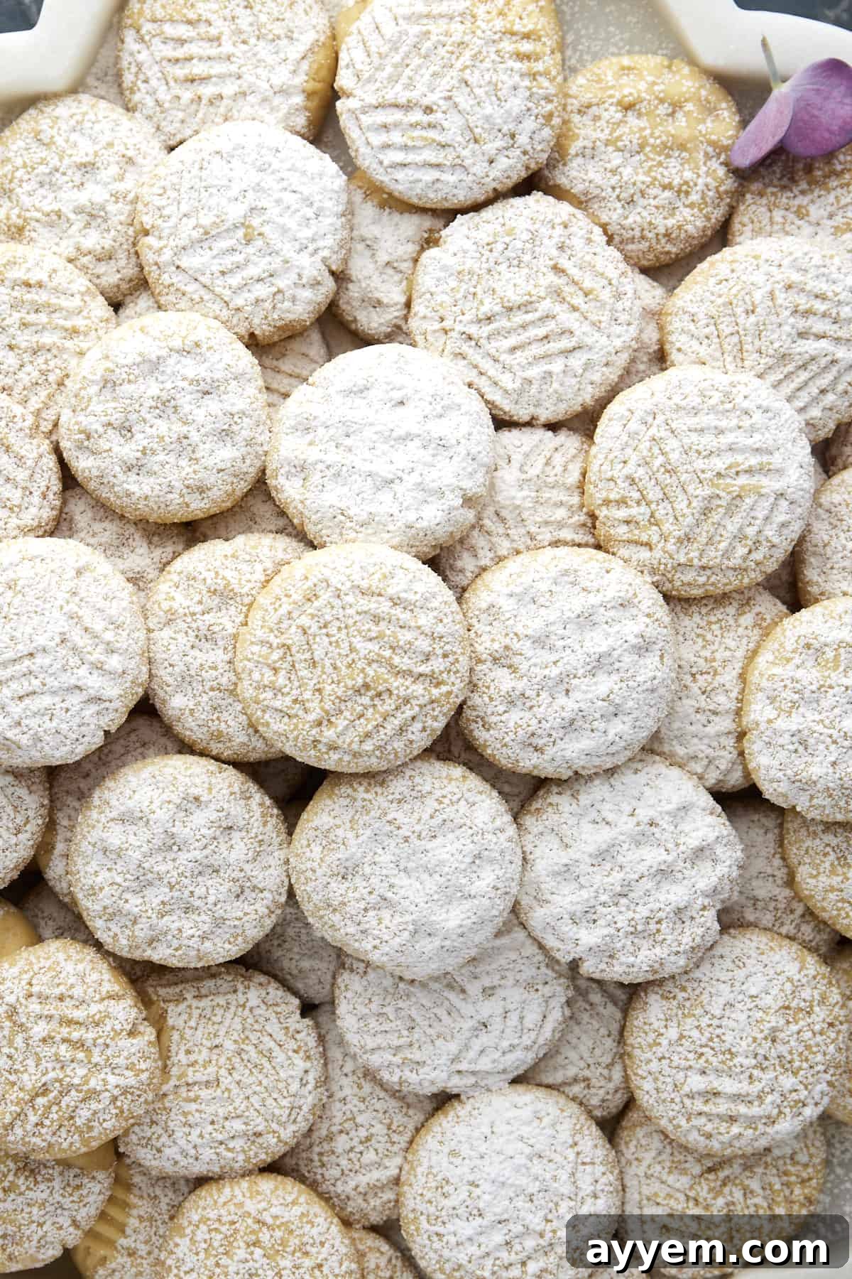 Close up image of Eid Cookies topped with powdered sugar.