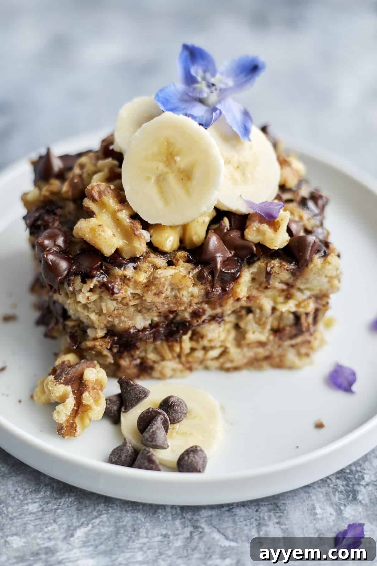 A bowl of creamy banana bread oatmeal, garnished with banana slices and a sprinkle of cinnamon.