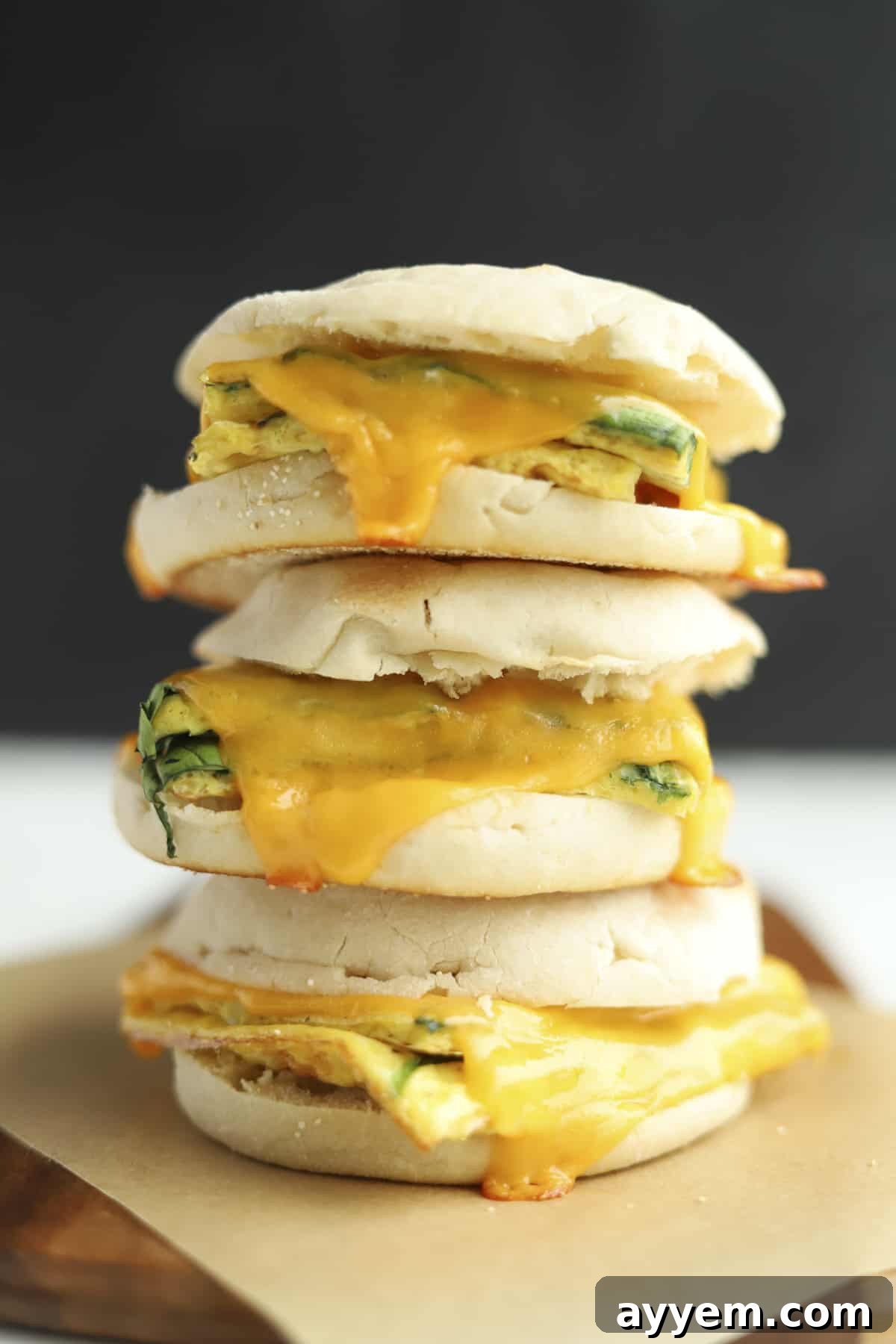 Three protein packed egg muffin sandwiches stacked on top of each other. Each features a fluffy egg patty, cheese, and a breakfast sausage on an English muffin.
