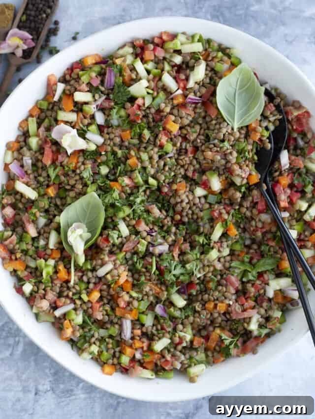 A rustic bowl of fresh lentil salad, garnished with herbs and a drizzle of dressing.