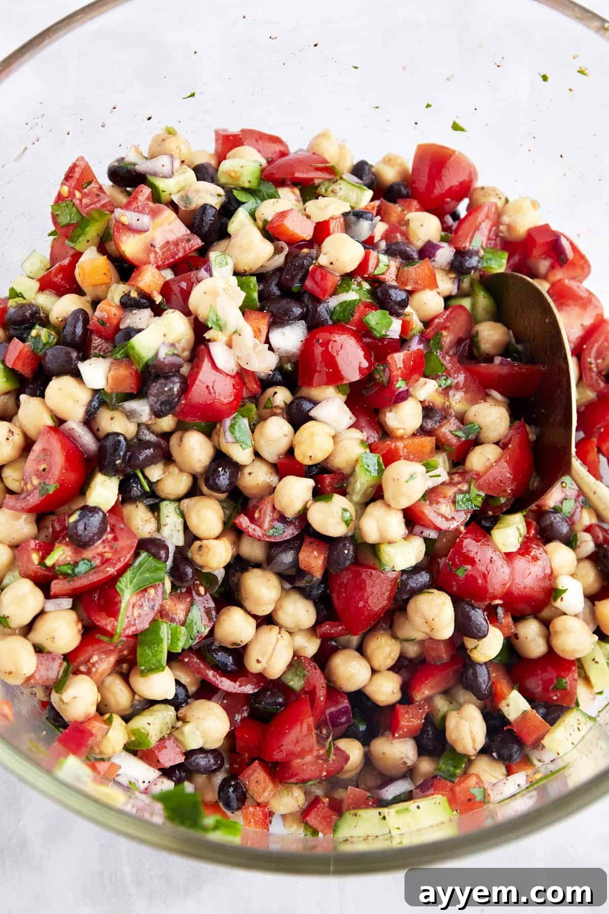 Tossed Balela Salad in a large mixing bowl, beautifully combined.