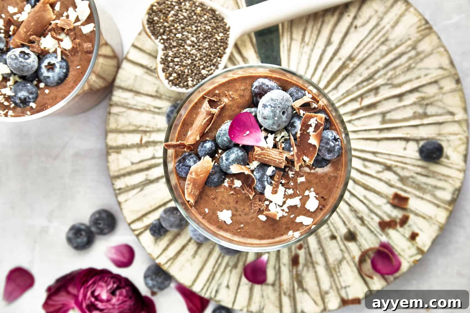 An overhead view of a glass jar filled with luscious chocolate chia pudding, elegantly garnished with fresh blueberries, delicate chocolate shavings, and delicate coconut flakes.