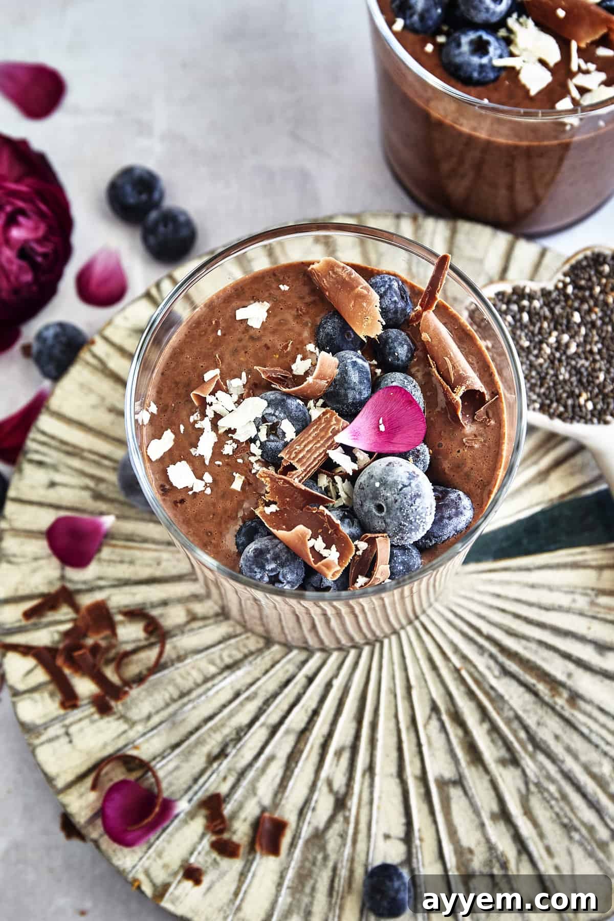 A top-down shot of a glass jar filled with chocolate chia pudding, adorned with fresh raspberries and a sprinkle of cacao nibs, next to a spoon.