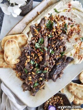 Hummus with seasoned beef and fresh pita bread