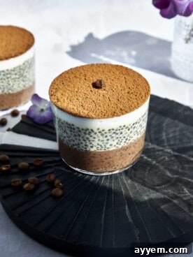 Decadent Tiramisu Chia Seed Pudding layers in a glass