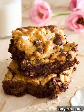 Stack of rich Sheet Pan Brookie Bars with chocolate chips