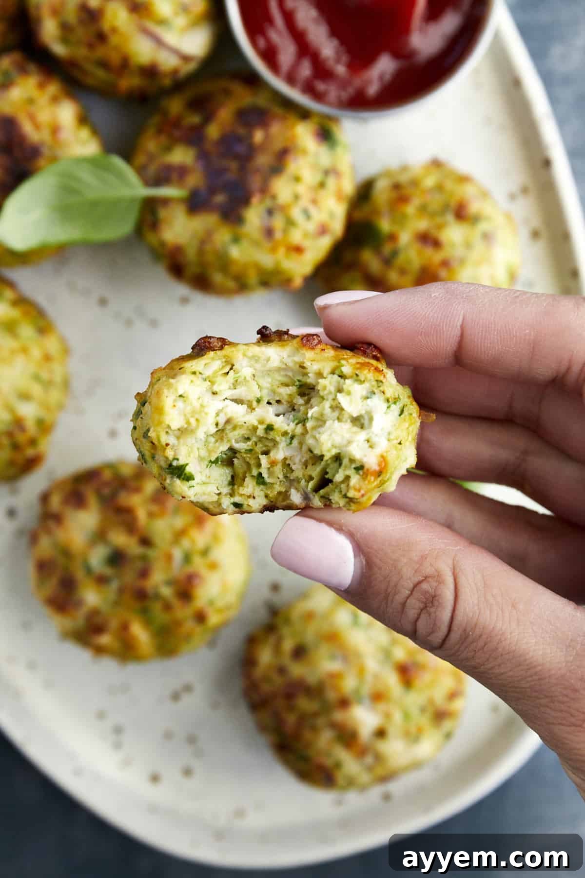 A hand holding an Air Fryer Jalapeño Cheddar Chicken Meatball with a bite missing from it. 