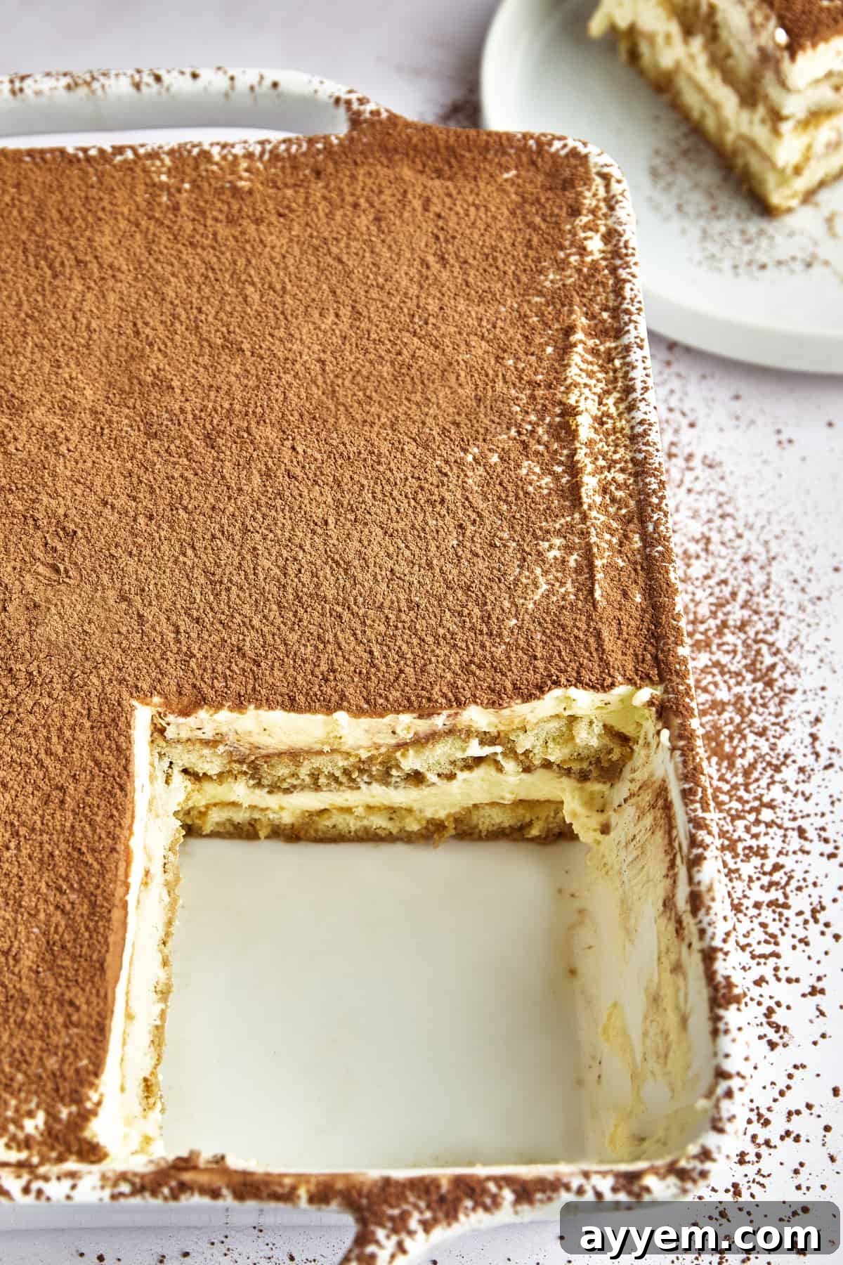 A close-up of a single slice of Easy Tiramisu, showcasing its distinct layers of coffee-soaked ladyfingers and creamy mascarpone, topped with cocoa powder, on a white plate, ready to be enjoyed.