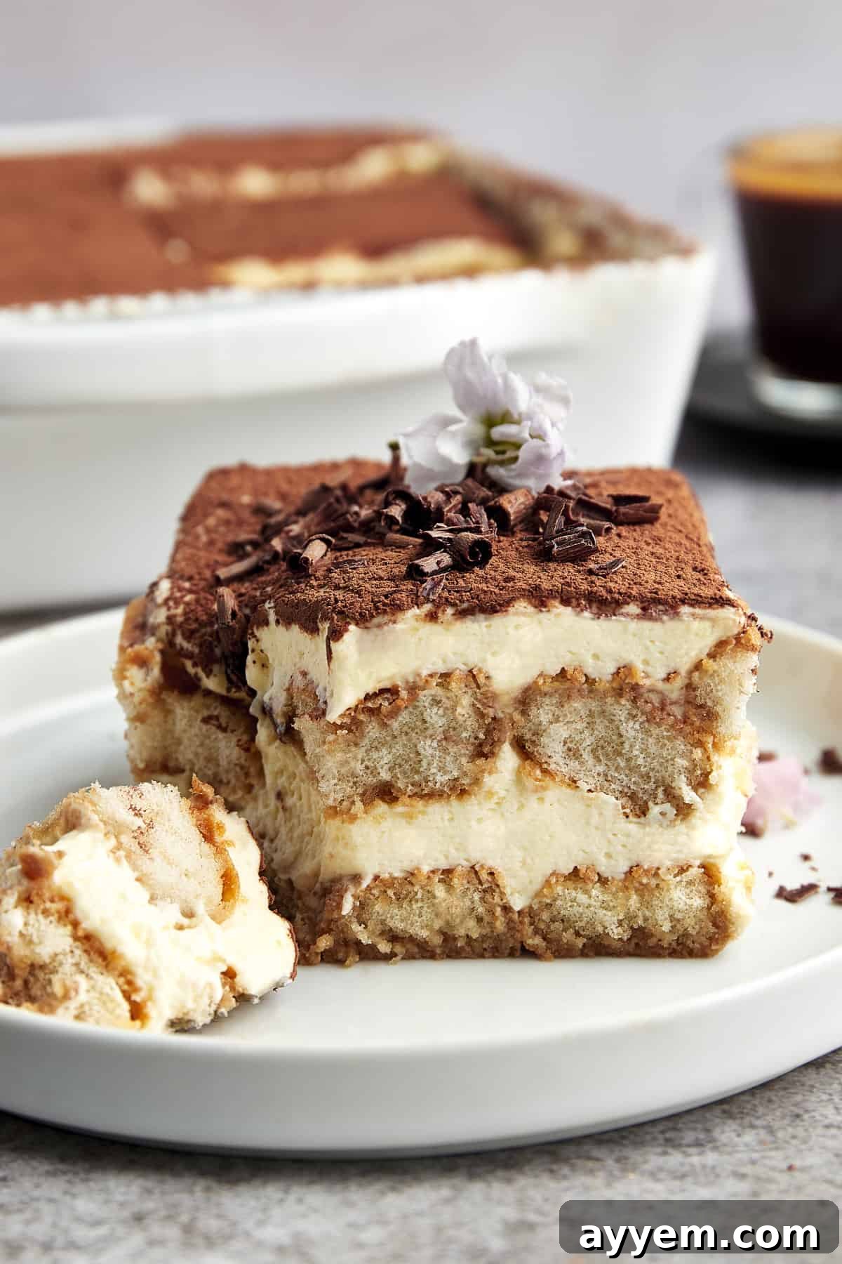 A beautifully presented slice of Easy Tiramisu on a plate, garnished with fresh berries and a drizzle of chocolate sauce, highlighting its gourmet appeal.