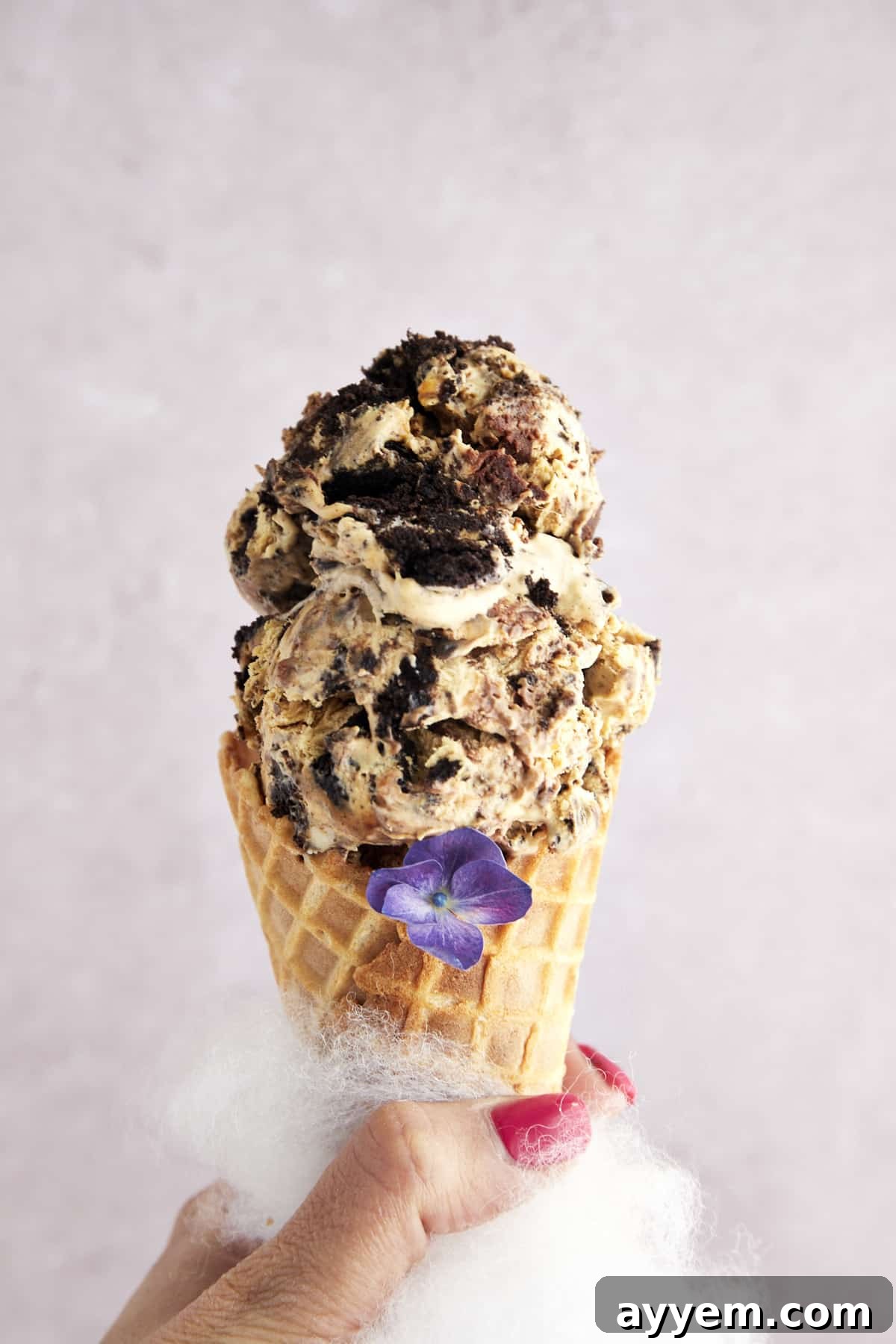 A hand holding a waffle cone with two scoops of mocha Oreo no churn ice cream.