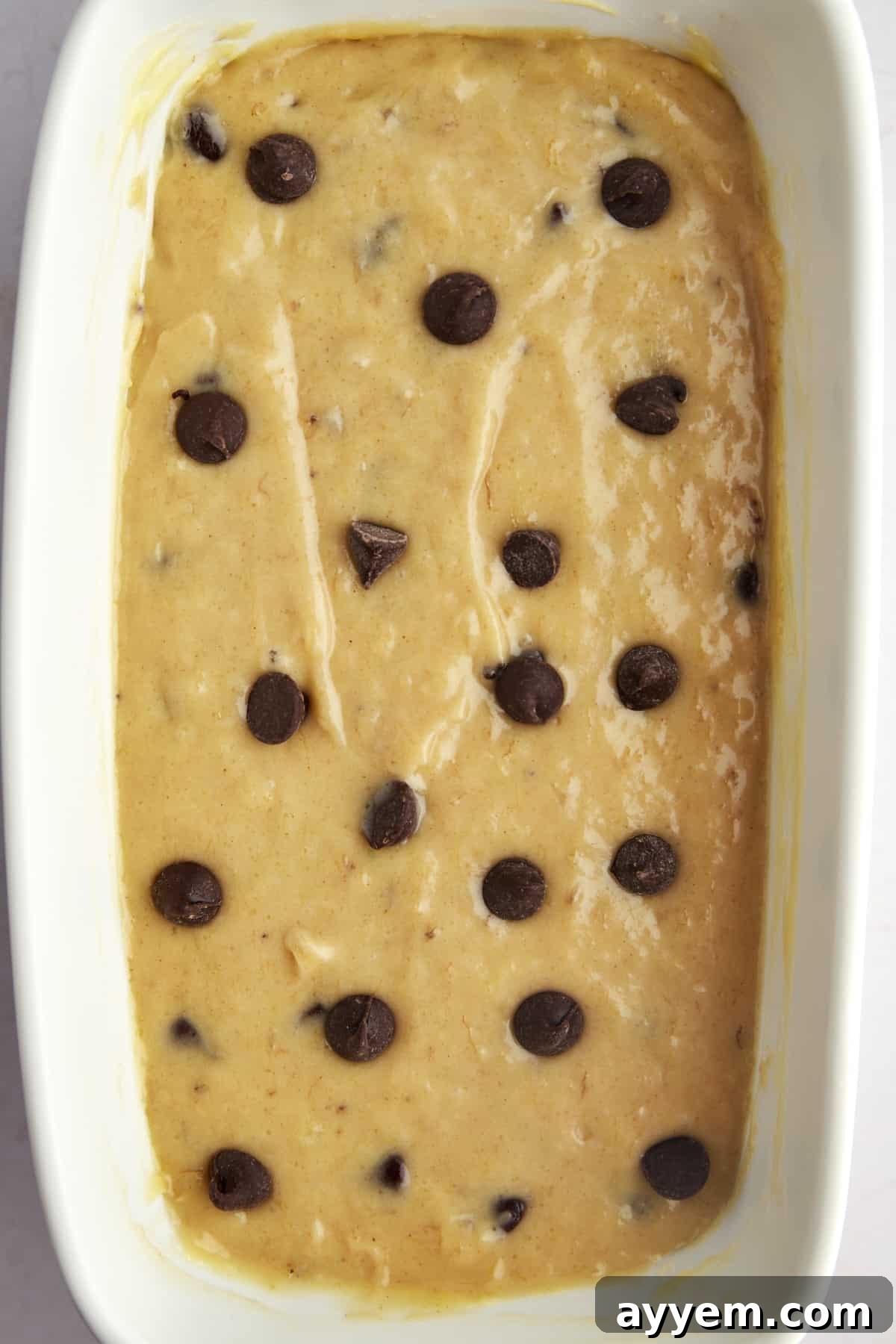 Irresistible Chocolate Chip Peanut Butter Banana Bread 3 An overhead view of rich, unbaked peanut butter banana bread batter generously topped with chocolate chips in a standard loaf pan, ready for the oven.