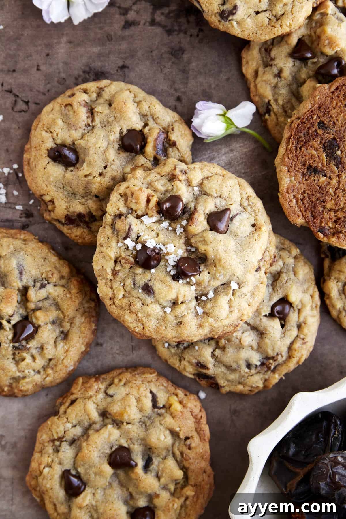 Overhead image of baked Date Cookies with chocolate chips and walnuts, elegantly topped with a sprinkle of sea salt.