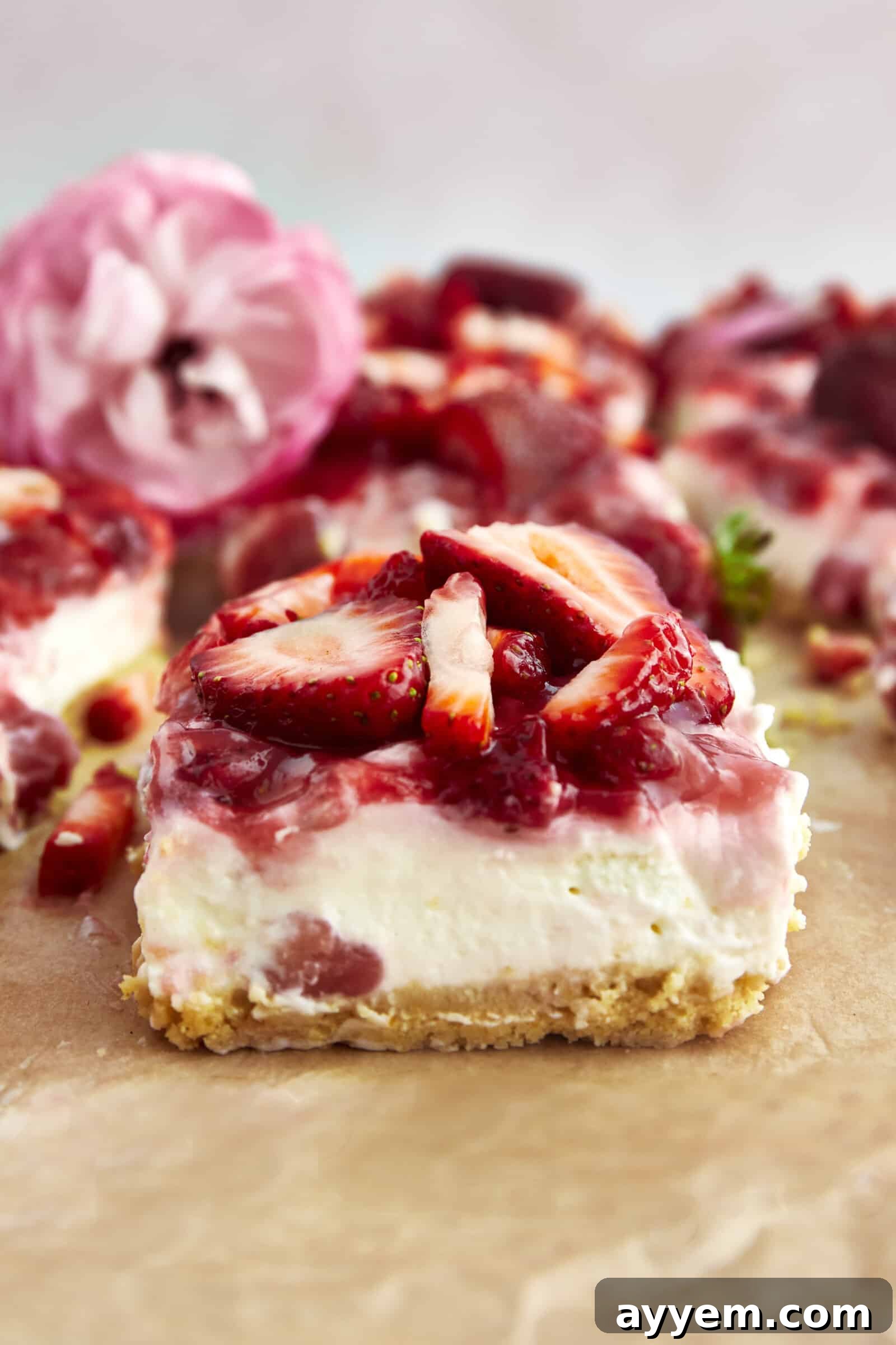 Side view of a perfectly layered strawberry cheesecake bar with a thick crust and creamy filling.