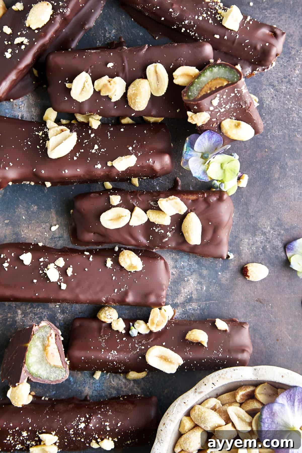 Overhead image of chocolate dipped celery and peanut butter logs topped with peanuts and sea salt with one log sliced in half, showcasing the layers.