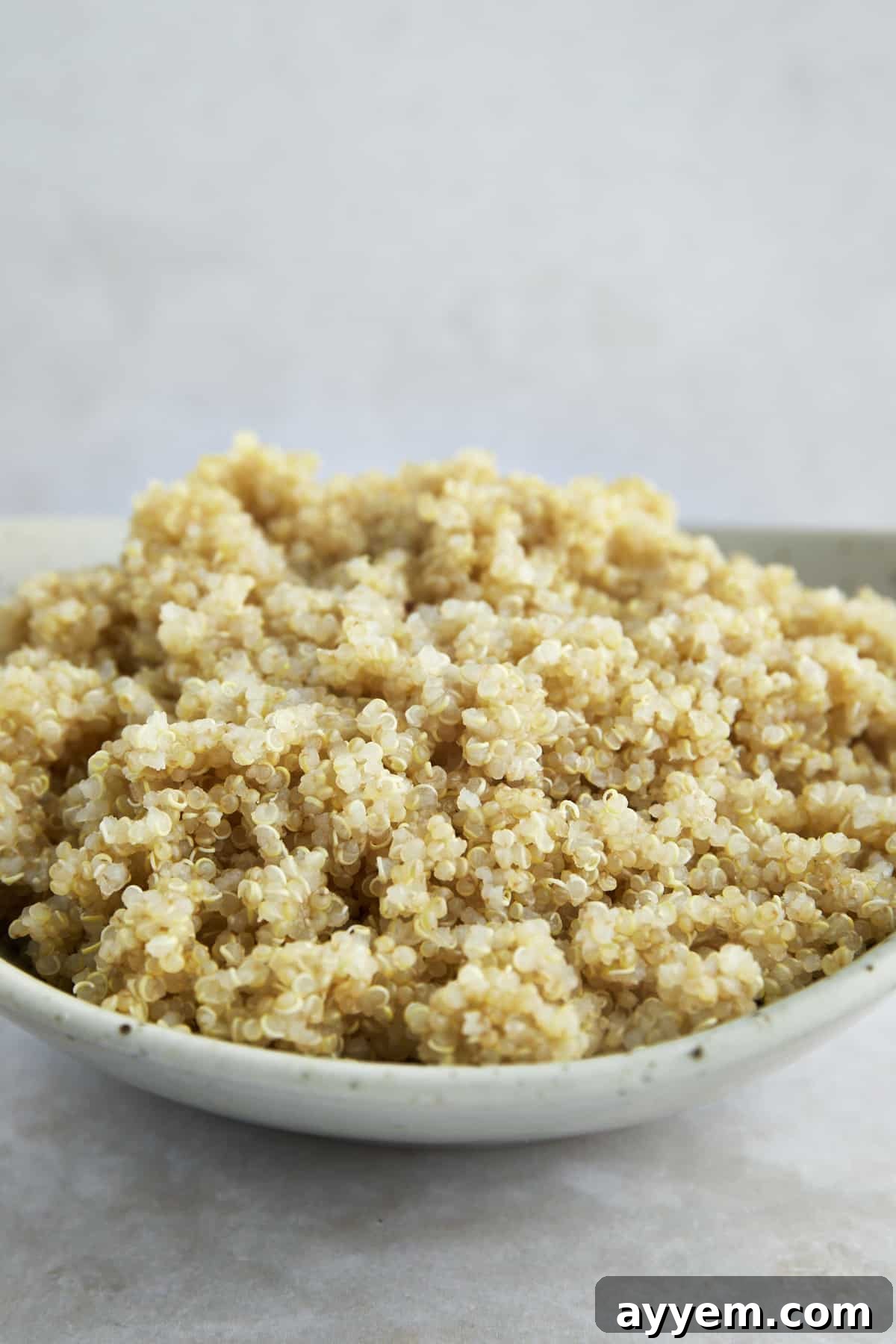 Side view of a bowl of fluffy cooked quinoa, ready to be served.