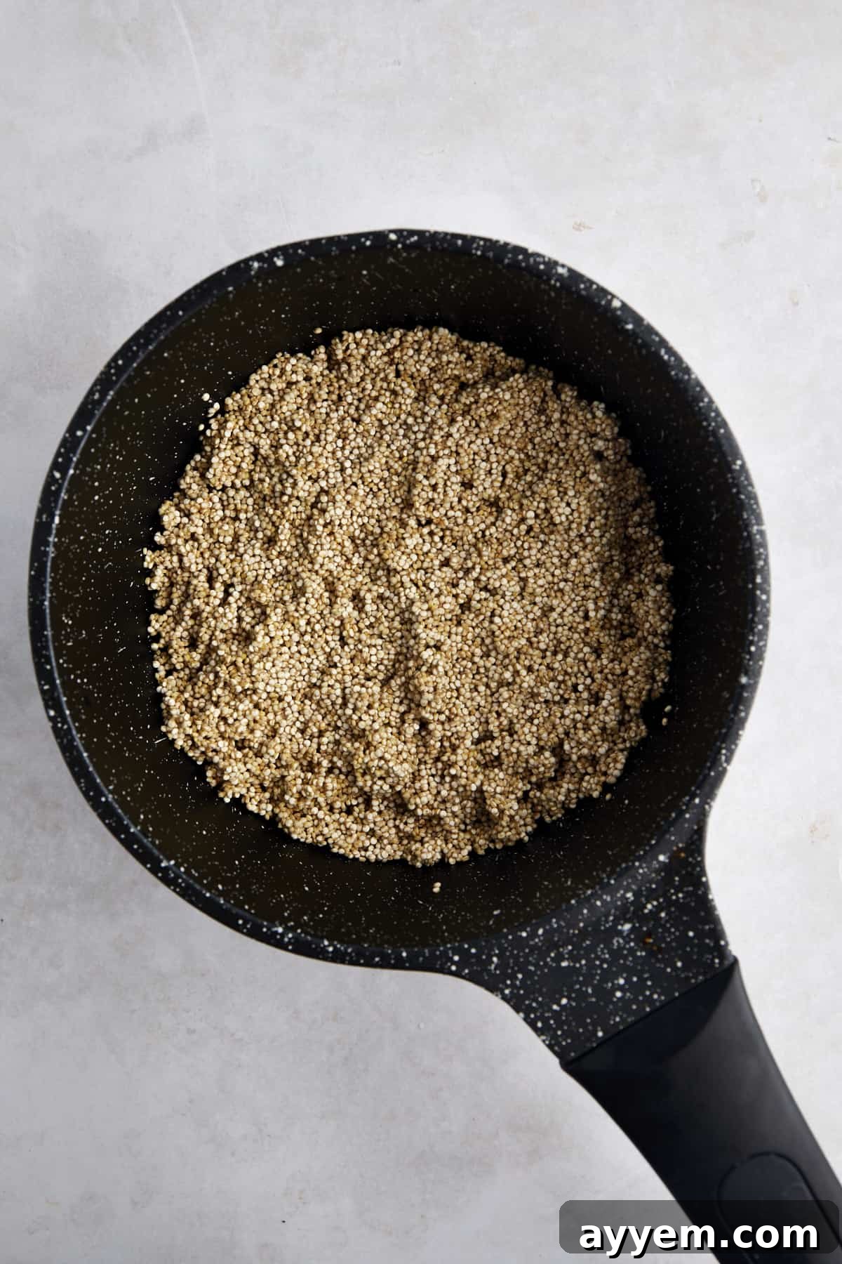 Overhead image of a pot of uncooked white quinoa, ready for cooking.