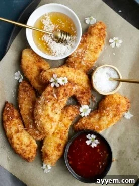 Overhead view of crispy golden coconut chicken tenders on a plate.