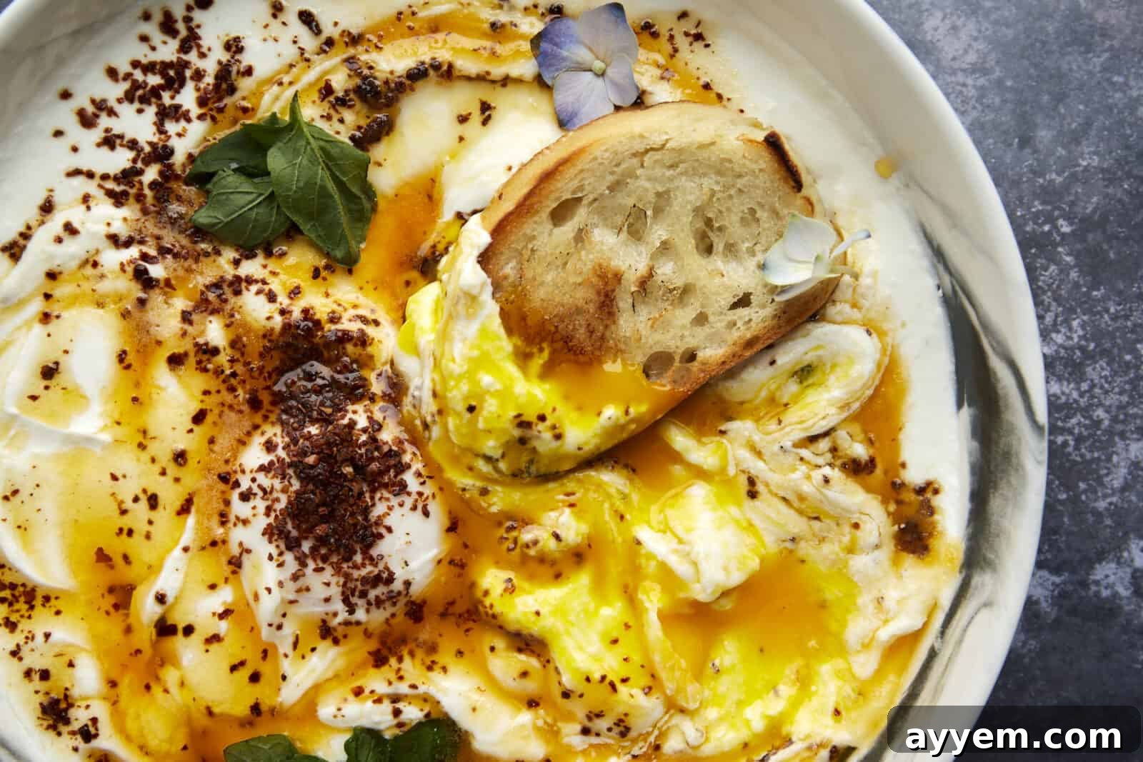 Anatolian Poached Eggs with Cottage Cheese 6 A piece of toasted bread dipping into a bowl of Turkish poached eggs with cottage cheese, illustrating a serving suggestion.