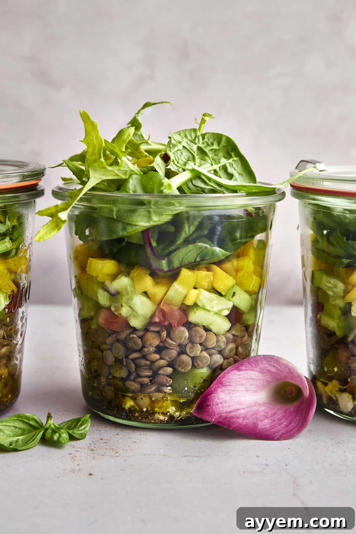 Sunshine Mango Jar Salad 5 Beautifully layered Mason Jar Salad with Mango, showcasing fresh ingredients for meal prep