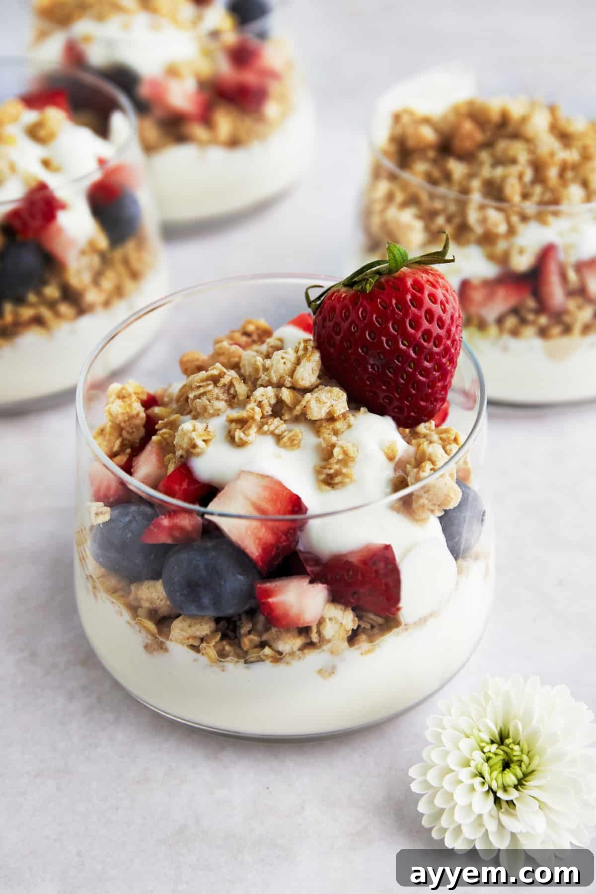 A fruit and yogurt parfait with granola, blueberries, strawberries, and honey, showcasing diverse topping options.