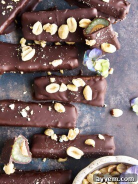 Overhead image of chocolate dipped celery and peanut butter logs topped with peanuts and sea salt with one log sliced in half.