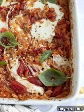 Caprese baked orzo pasta with tomatoes, mozzarella, and basil