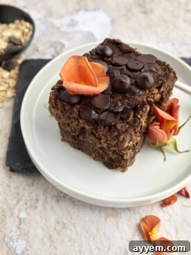 Rich chocolate banana bread baked oatmeal serving on a plate, garnished with banana slices, perfect for a hearty breakfast