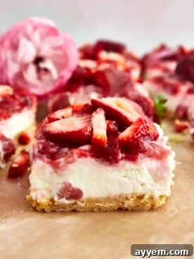 A delectable side view of a Strawberry Cheesecake Bar with a rich, creamy filling and fresh strawberries.