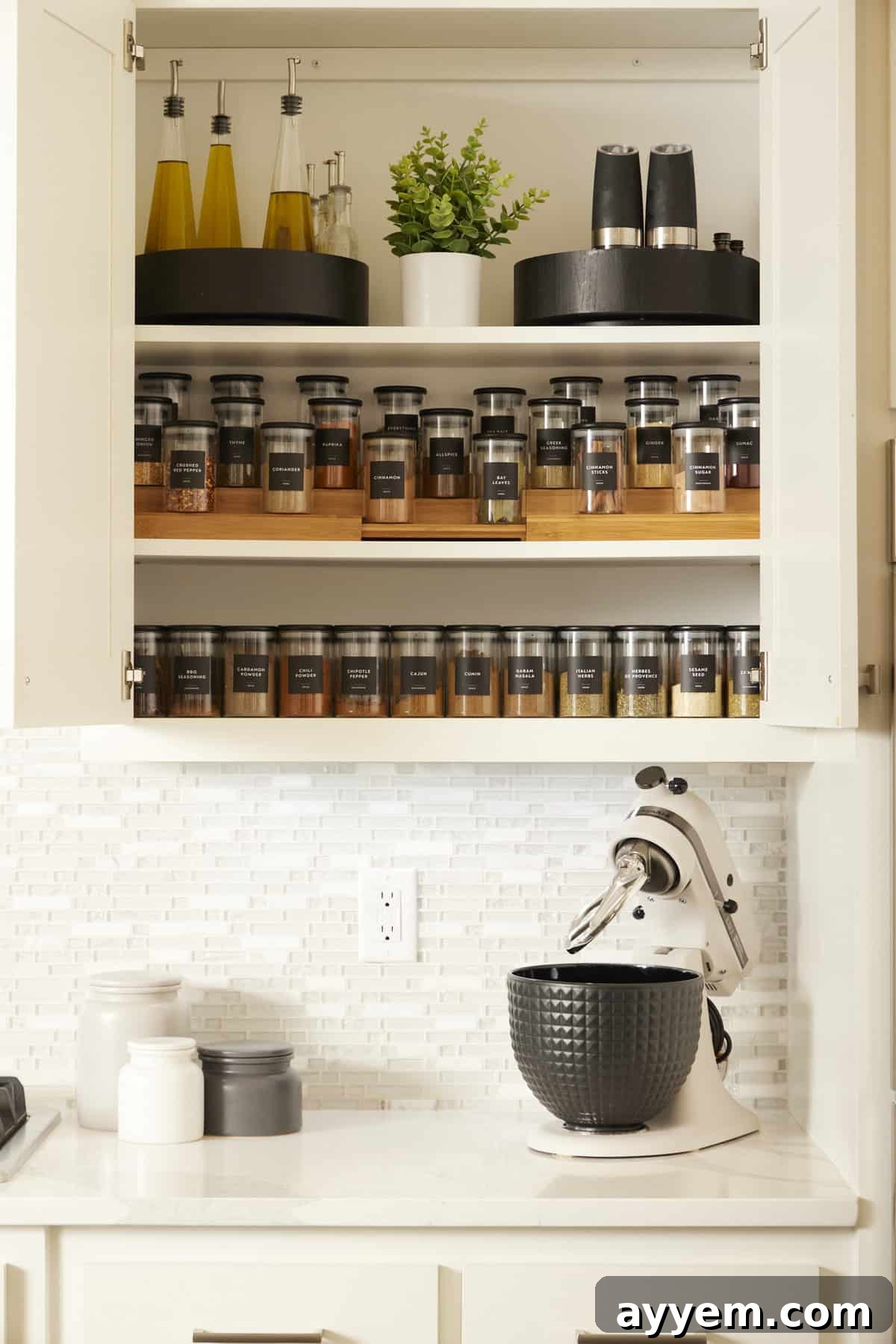 A neatly organized spice drawer featuring labeled spice jars, making cooking efficient and enjoyable.