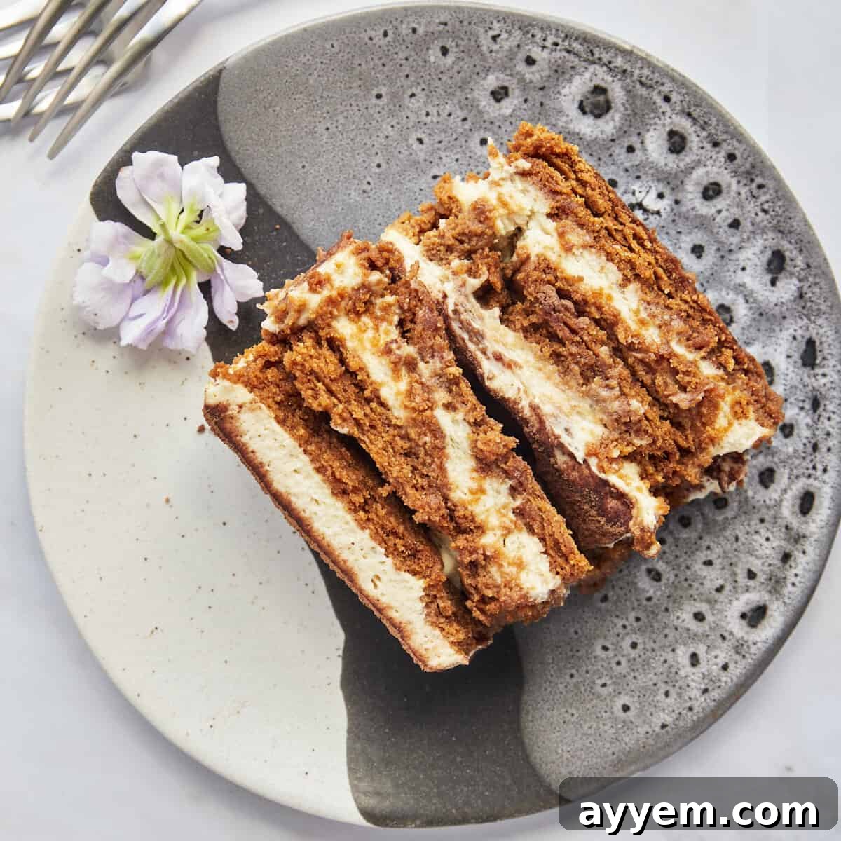 A slice of Biscoff tiramisu on a plate.