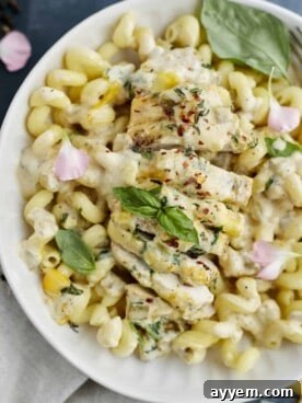 Easy Cheesy Baked Chicken Recipe on a white plate served over cavatappi noodles, topped with fresh herbs
