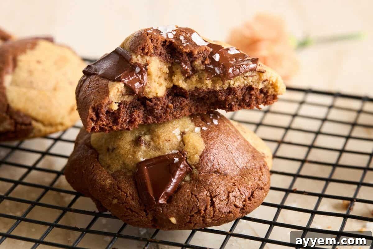 Two chocolate chip cookies, one broken in half to show a soft, gooey center with melted chocolate chunks, stacked on a black wire cooling rack. A blurred flower is visible in the background.
