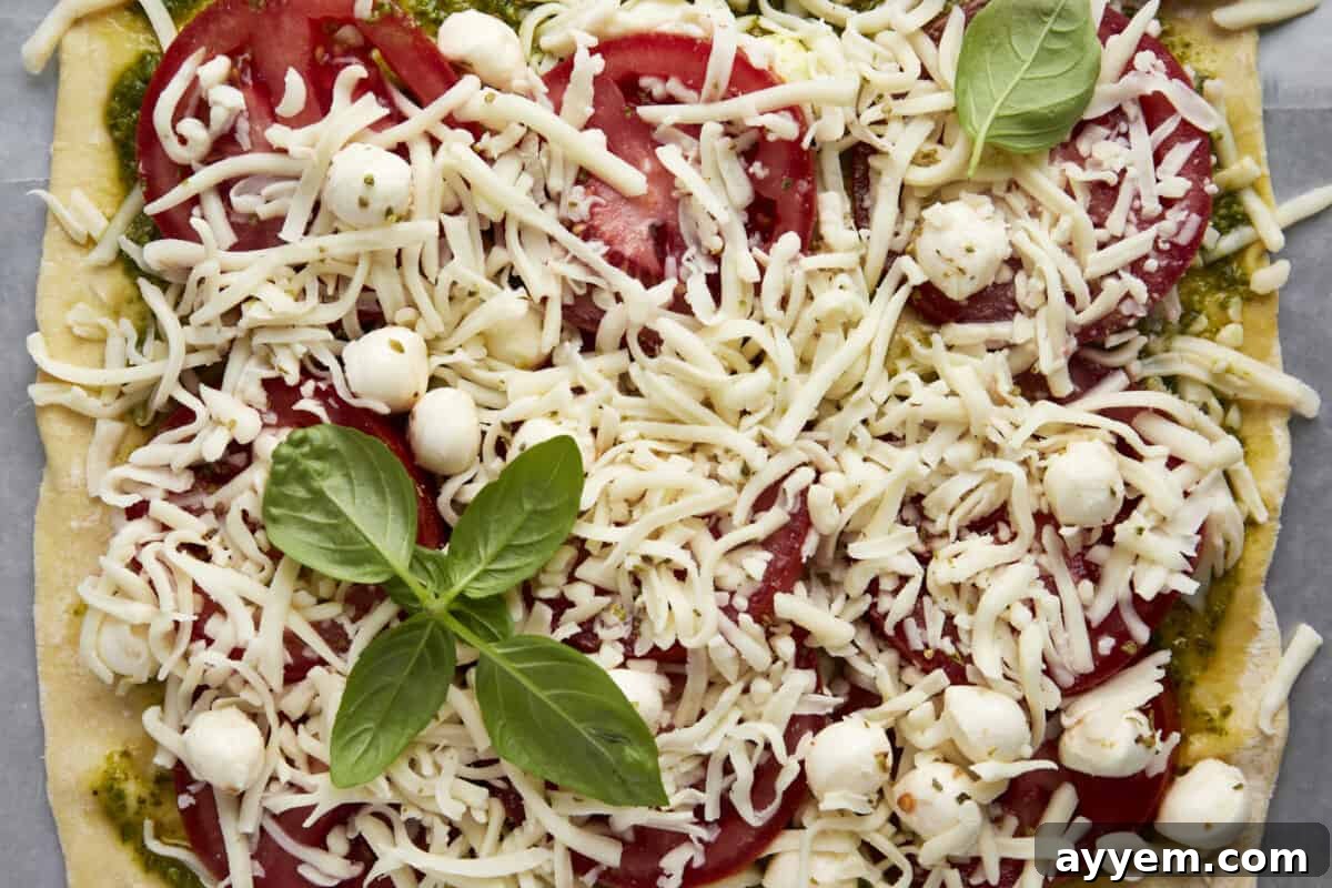 Unbaked puff pastry topped with green pesto, sliced tomatoes, mozzarella pearls, shredded mozzarella, and fresh basil leaves, ready for the oven.
