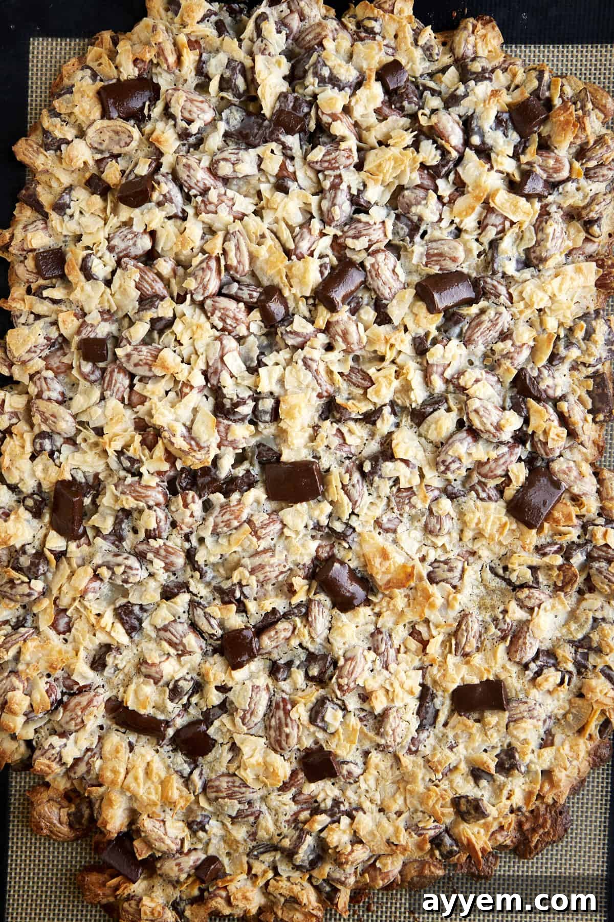 A large slab of coconut chocolate almond bark, featuring visible almonds, shredded coconut, and rich dark chocolate.
