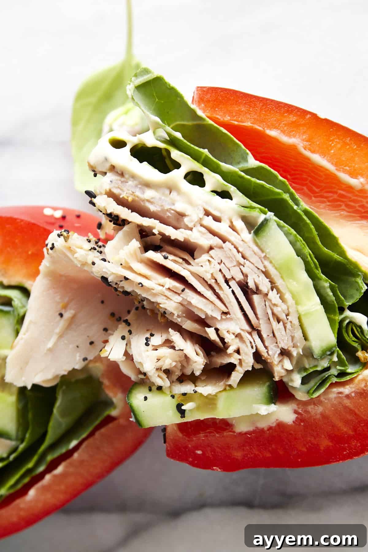 Close-up image of a vibrant low-carb turkey bell pepper sandwich half, topped with a generous sprinkle of Everything but the Bagel seasoning. A perfect healthy lunch option.