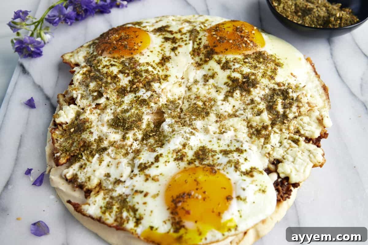 A close-up of viral feta fried eggs garnished with vibrant za'atar and red pepper flakes, served invitingly on warm pita bread generously topped with hummus.