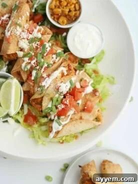overhead of mini air fryer taquitos with tomatoes, sour cream, and green onions