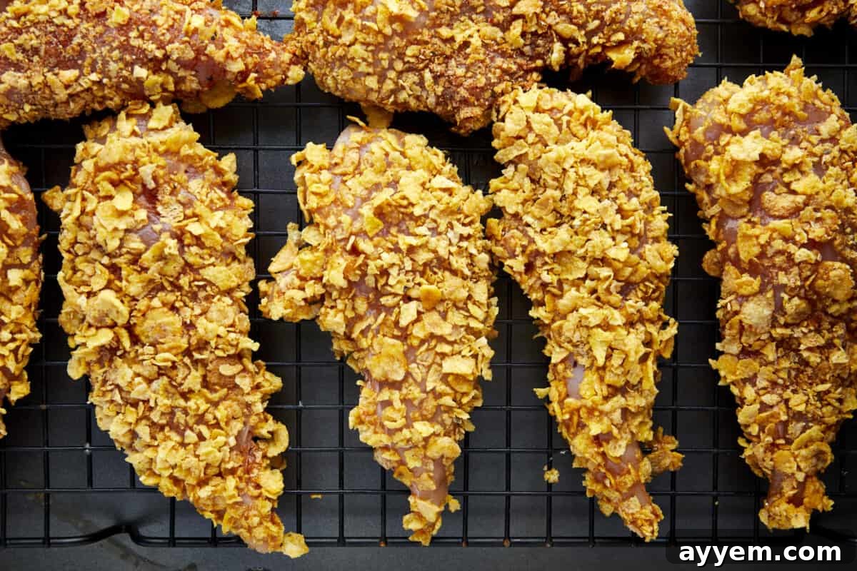 Unbaked cornflake chicken tenders arranged neatly on a wire rack positioned over a baking sheet, ready to enter the oven for baking.
