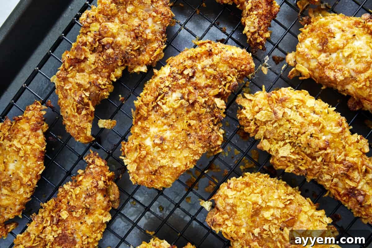 Freshly baked, golden-brown cornflake chicken tenders cooling on a metal wire rack, allowing air circulation for maximum crispiness.