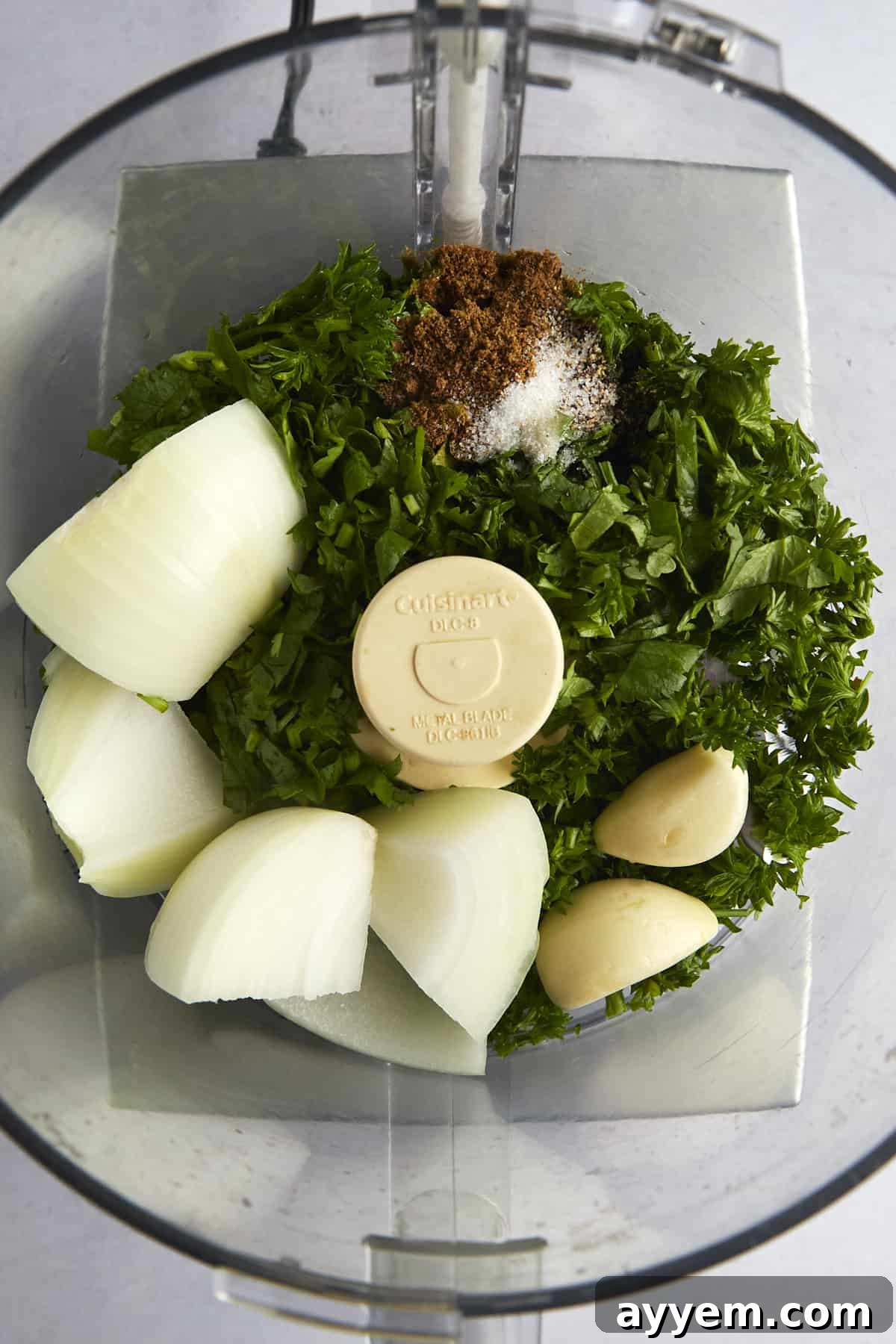 Ingredients for shrimp kofta in a food processor. 