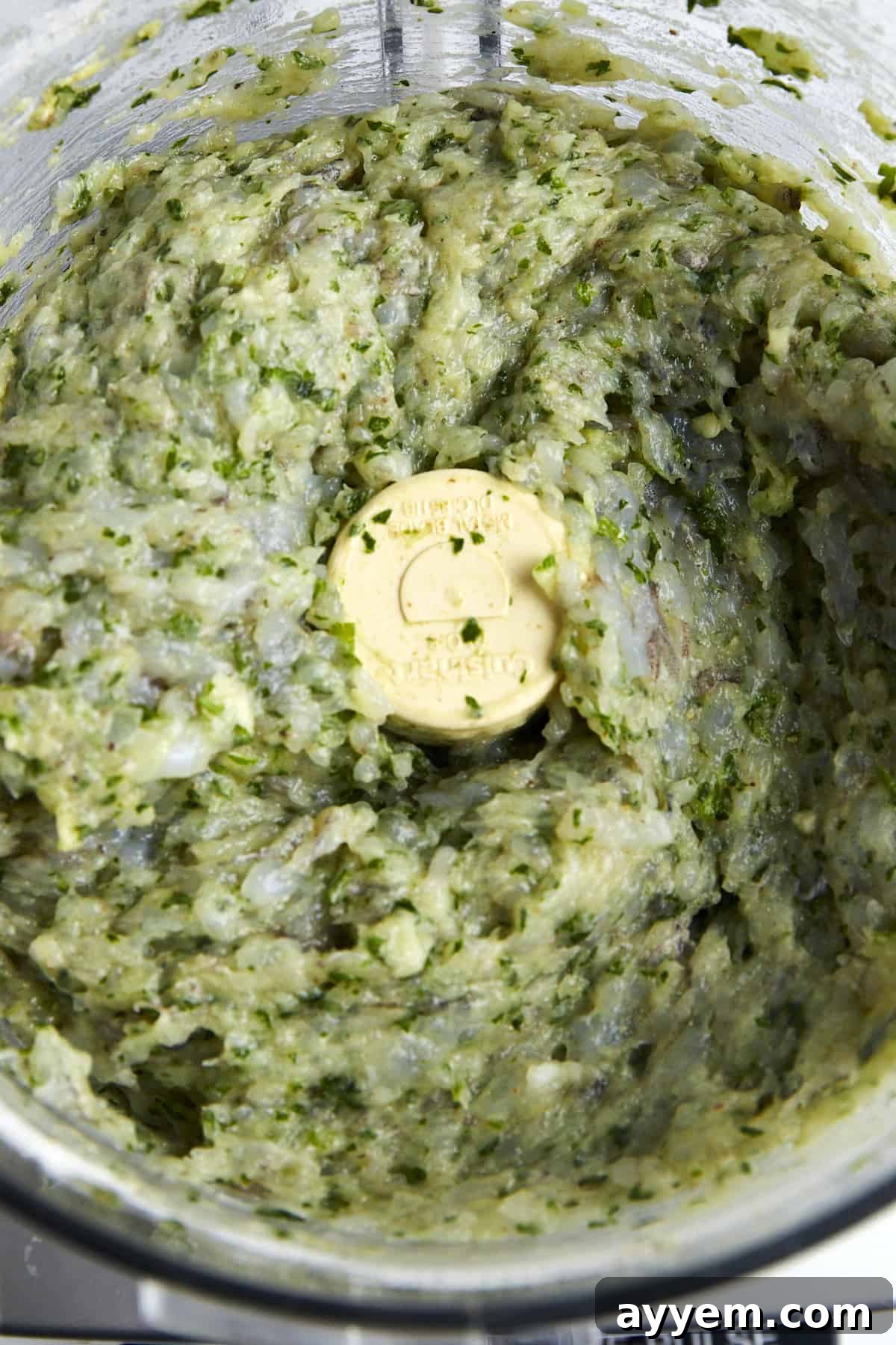Shrimp kofta mixture in a food processor. 