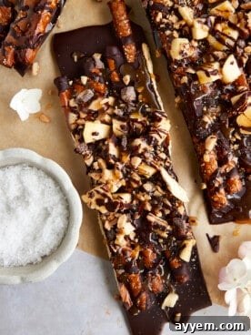 Caramel Apple Bark with Pretzels on a serving platter.