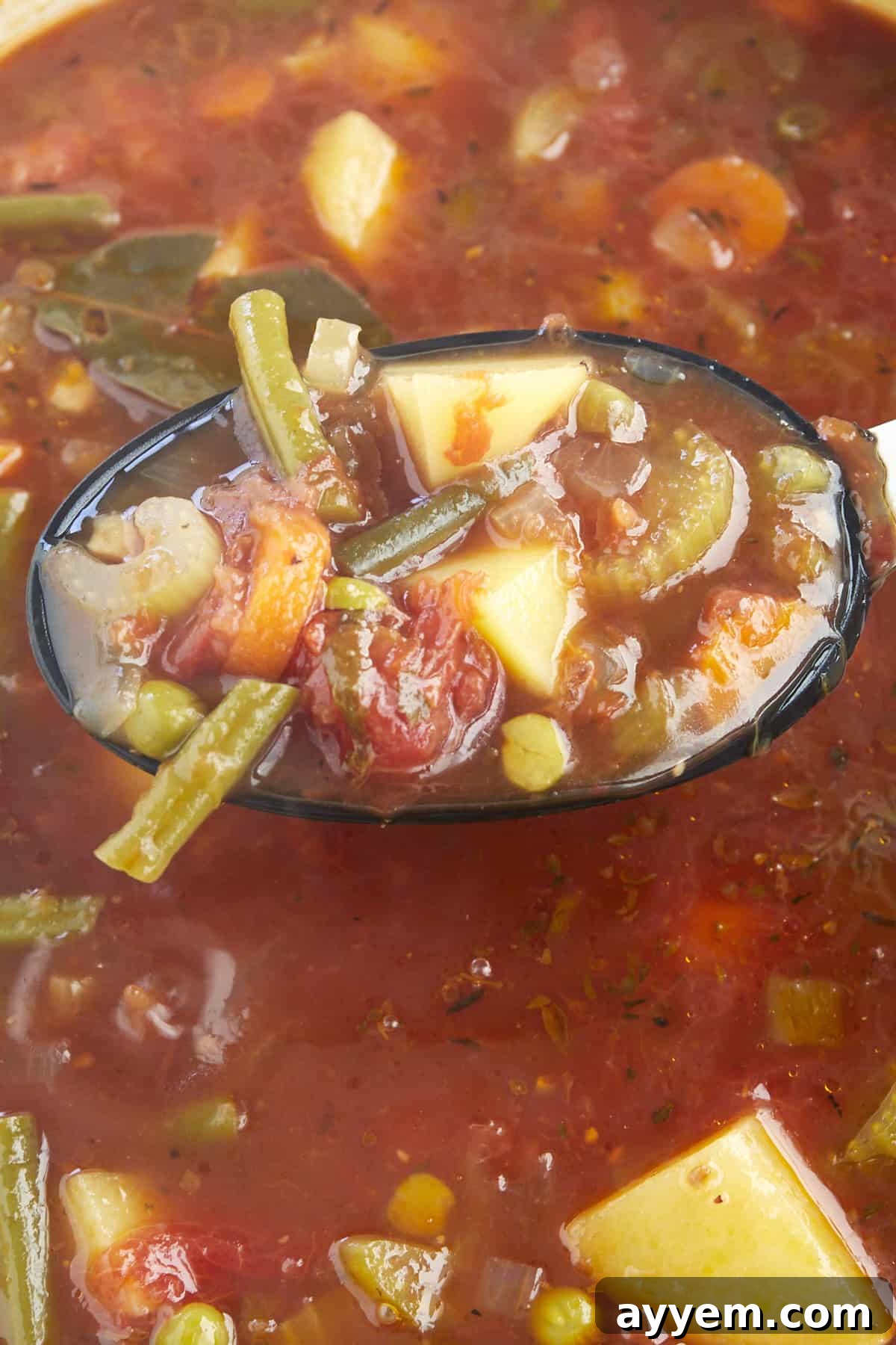 A spoon scooping up slow cooker vegetable soup, showcasing its hearty texture.