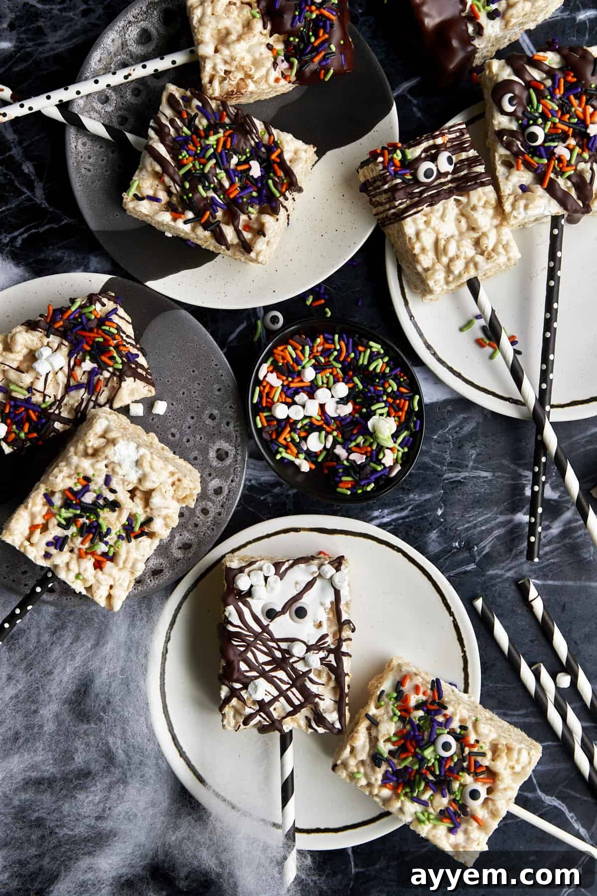 Overhead image of Halloween rice krispie treats.