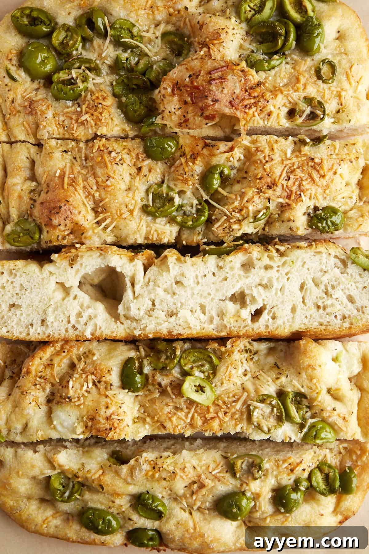 Slices of No-Knead Olive Focaccia Bread.